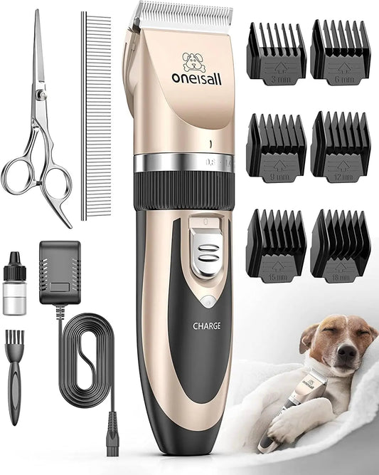 Oneisall Low Noise Dog Clipper - Rechargeable Cordless Grooming Kit for Dogs and Cats - Ultimate Pet Shaver with Quiet Operation and 6 Guide Combs